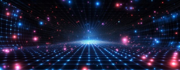 Abstract digital grid background with glowing light rays and stars.