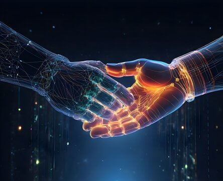AI-generated illustration of two wireframe, glowing hands in a handshake. The image symbolizes technology, business, and trust, with a futuristic feel emphasizing collaboration and connection in the d - Powered by Adobe