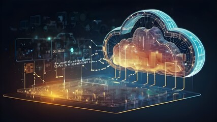 Futuristic digital scene of cloud computing transferring big data across the internet. Features include interconnected networks, data streams, and digital clouds, symbolizing advanced technology