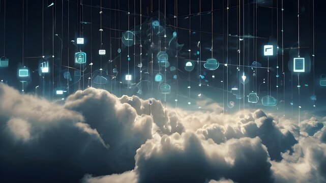 Futuristic digital scene of cloud computing transferring big data across the internet. Highlights include interconnected networks, streaming data, and digital clouds, symbolizing advanced technology 