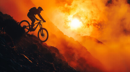 Silhouette of a mountain biker riding down a rugged trail at sunset, surrounded by dramatic orange light. This image conveys adventure, extreme sports, and the thrill of outdoor exploration, ideal for