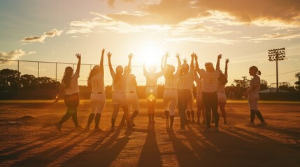 Fototapeta premium A team of women celebrating on a baseball field at sunset, arms raised in victory, capturing the triumph and camaraderie of sports.