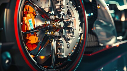 Fototapeta premium Close-up of a high-performance car wheel with striking details in metallic and red tones, showcasing mechanical precision and style.