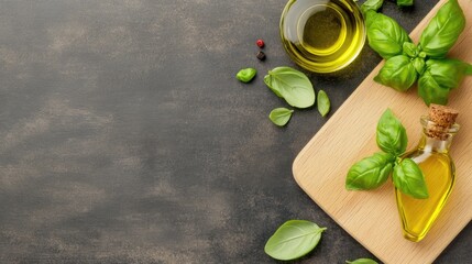 A rustic kitchen setup features a bottle of olive oil, fresh basil leaves, and a cloth napkin on a wooden cutting board against a dark wooden background