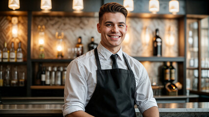 A bartender in a black apron stands confidently behind a bar, with shelves of bottles in the background, suggesting a professional and polished atmosphere.