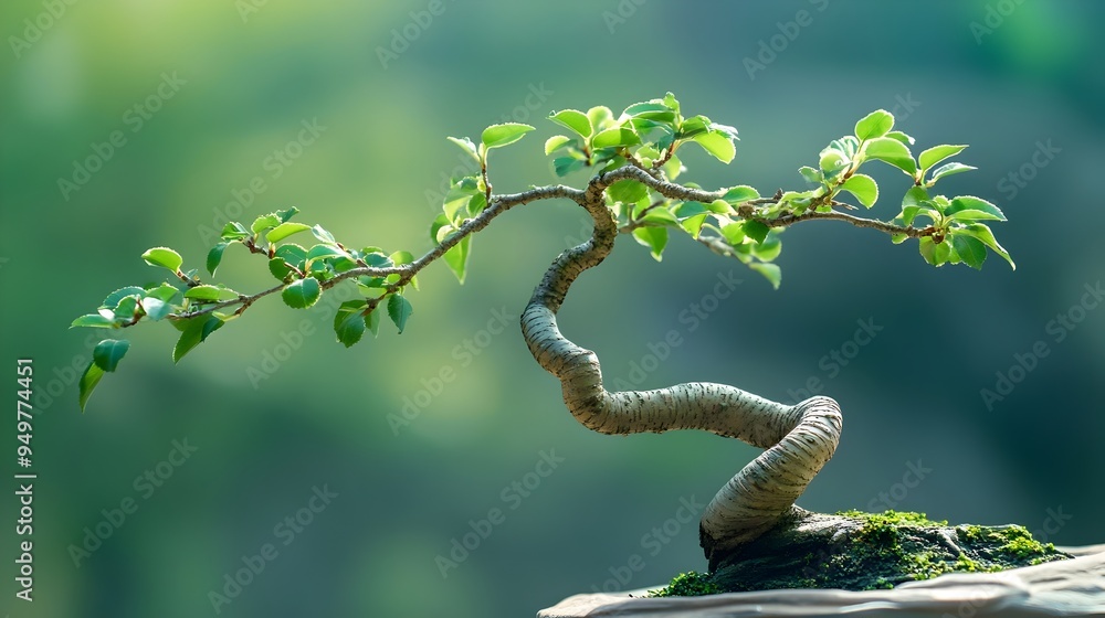 Poster closeup photograph of a beautiful bonsai tree with intricate twisted branches and lush vibrant green