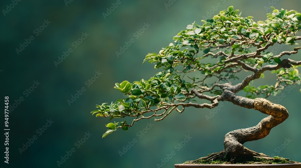Poster closeup of a bonsai tree with delicate twisted branches and vibrant green leaves against an isolated