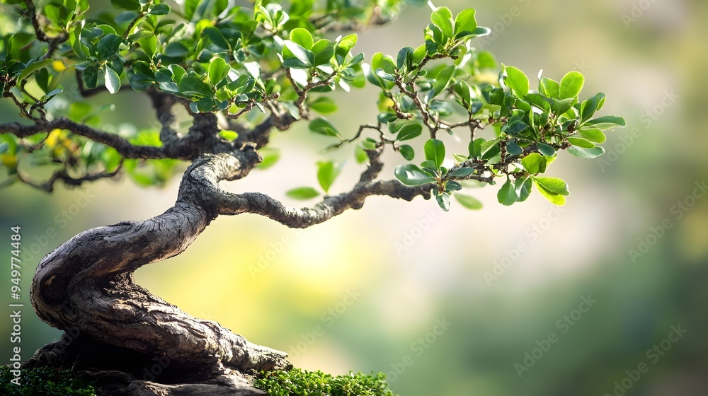 Poster closeup of a delicate bonsai tree with twisted branches and vibrant green leaves set against an isol