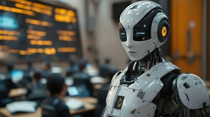 Fototapeta premium High-tech robot with glowing eyes and helmet for dynamic and innovative imagery