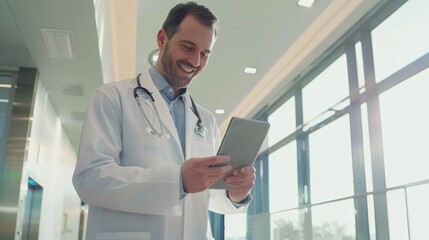 A doctor in a white coat stands in a bright hospital corridor, using a tablet with a smile, indicating efficient healthcare services.