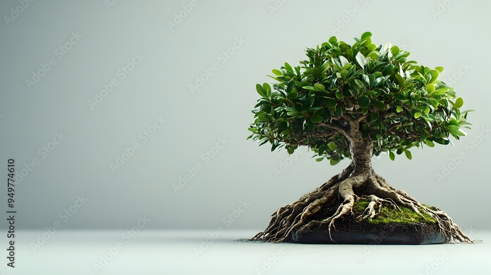 Poster closeup photograph of a ficus bonsai tree with exposed roots and broad glossy leaves isolated on a s