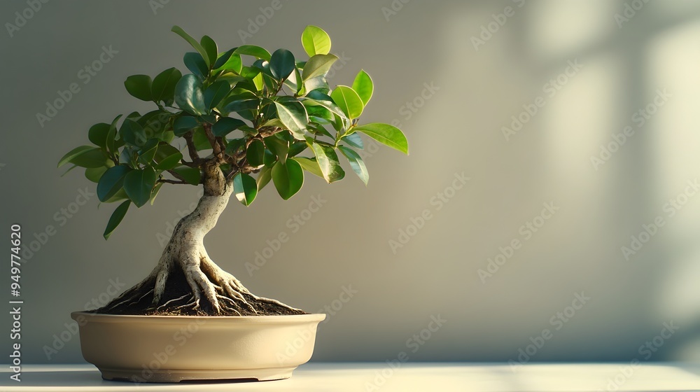 Poster Closeup of a mesmerizing ficus bonsai tree with broad glossy leaves and exposed roots set against a simple calming background with ample copy space for text or design elements