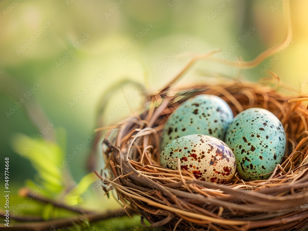 Poster empty nest with new bird eggs symbolizing the cycle of life and new beginnings