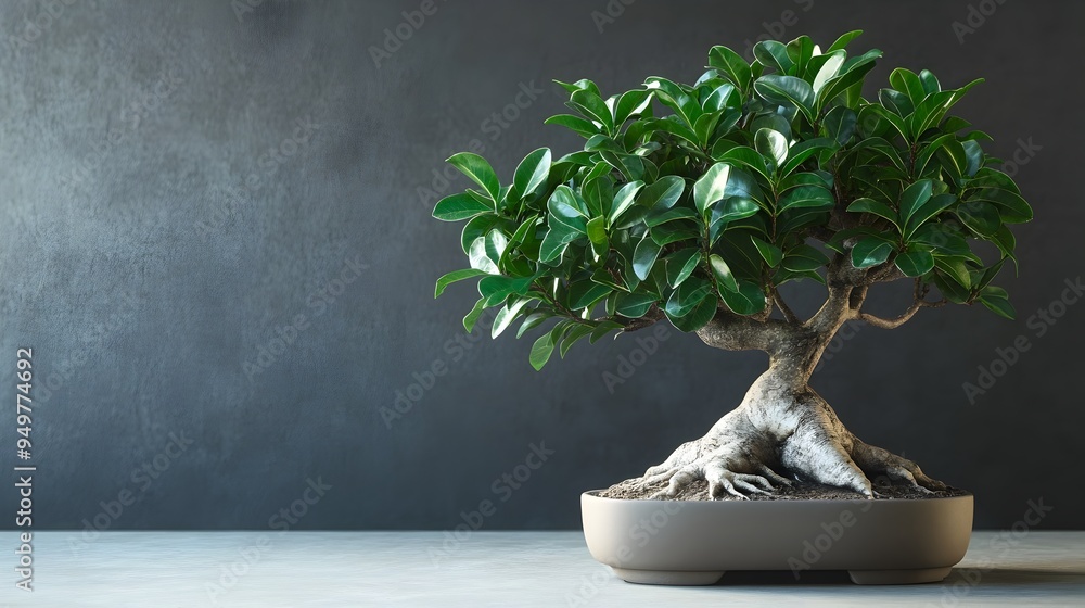 Poster closeup photograph of a thriving ficus bonsai tree with broad glossy leaves and exposed roots set ag