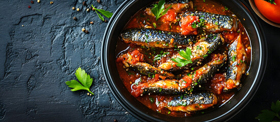 A keto friendly meal option featuring sardines cooked in tomato sauce and spices for lunch or dinner ideal for a diet plan Includes copy space image