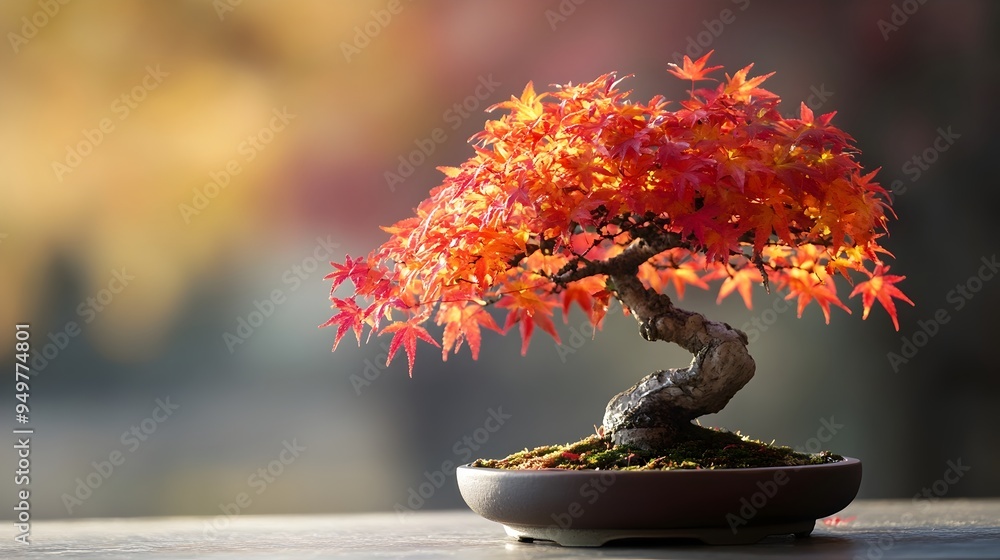 Poster closeup of a vibrant autumn maple bonsai tree with striking red and orange leaves isolated on a soft