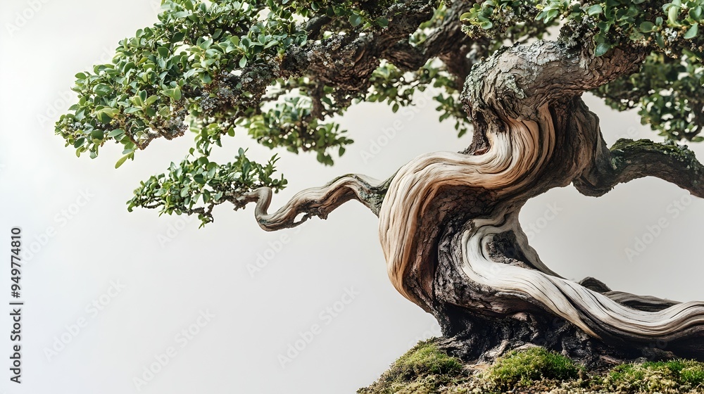 Poster closeup image of a beautifully gnarled and twisted oak bonsai tree with strong sculptural branches i