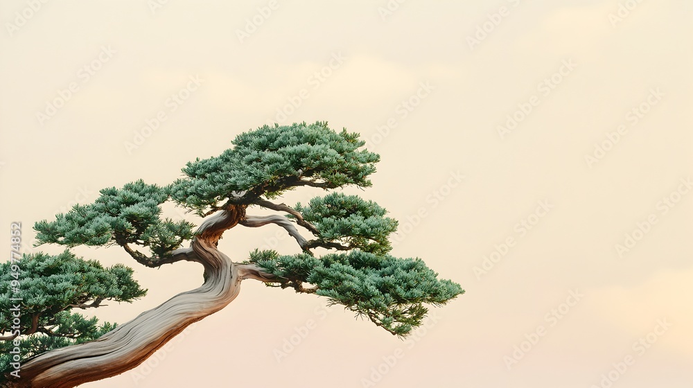 Poster captivating closeup of delicate cypress bonsai with slender tapering branches isolated on a muted ne