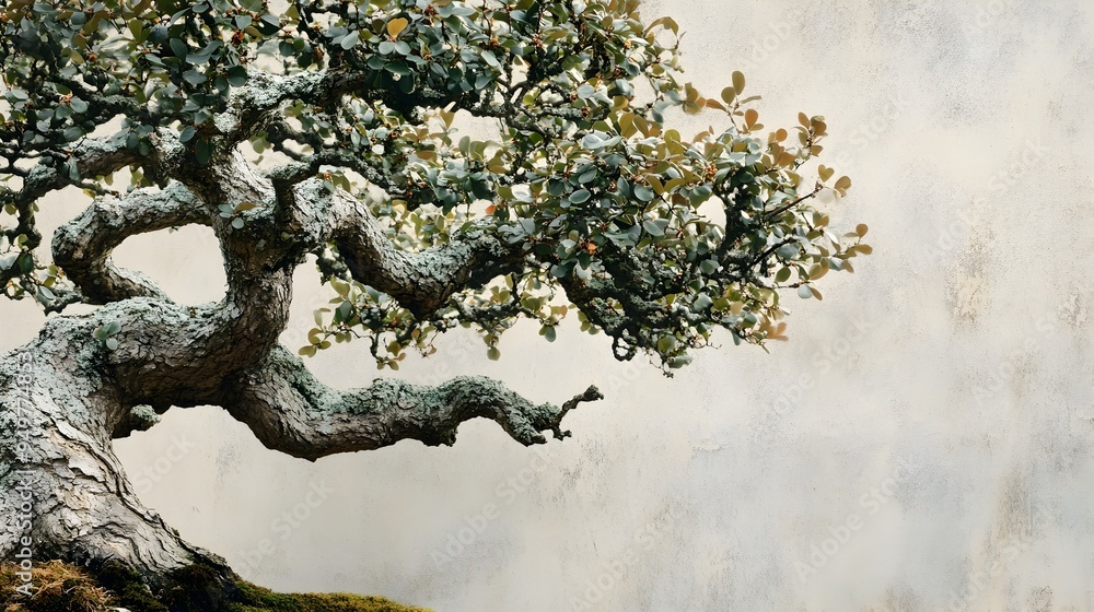 Poster closeup shot of the strong gnarled branches and intricate textured bark of an ornamental bonsai oak 