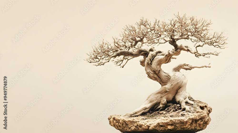 Poster Closeup of a Gnarled Twisted Oak Bonsai Tree with Strong Branches Isolated on a Neutral Background with Ample Copyspace for Text or Design Elements