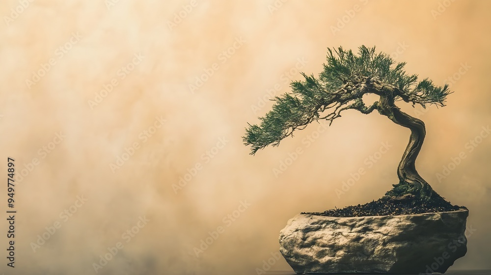 Poster closeup of a graceful tapering cypress bonsai tree with slender delicate branches isolated on a mute