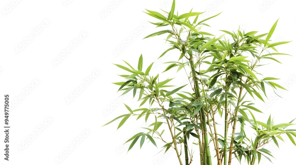 Poster closeup of a beautiful bamboo bonsai tree with tall thin stalks and lush green leaves isolated on a 