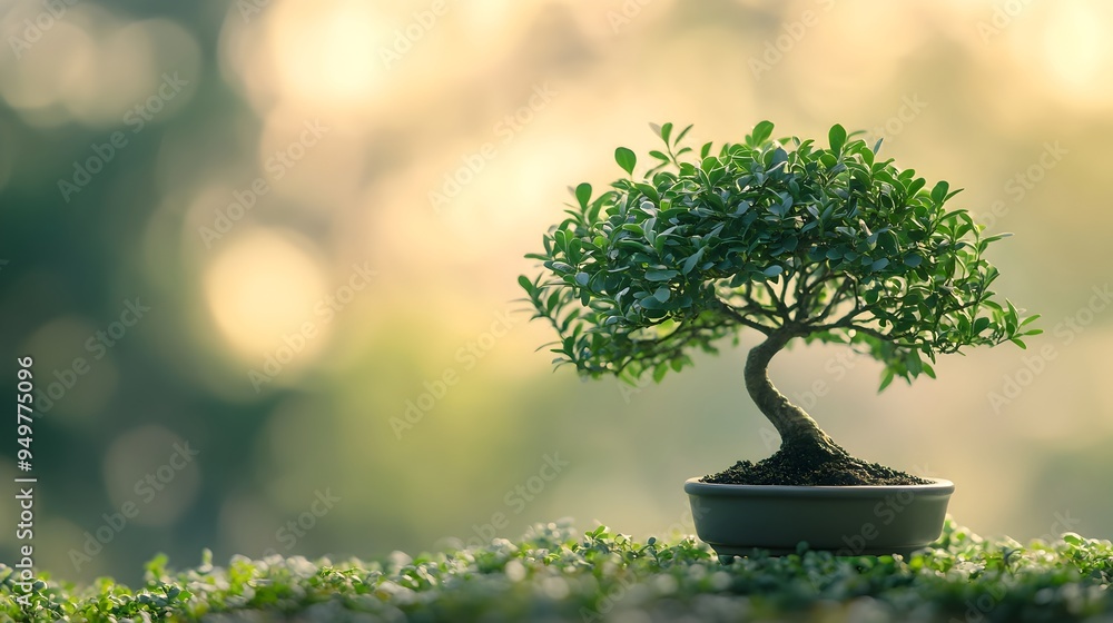 Poster closeup of a carefully pruned boxwood bonsai tree with dense compact foliage isolated on a soft simp