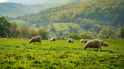 Obraz premium Sheep grazing in a lush green pasture on a sunny day