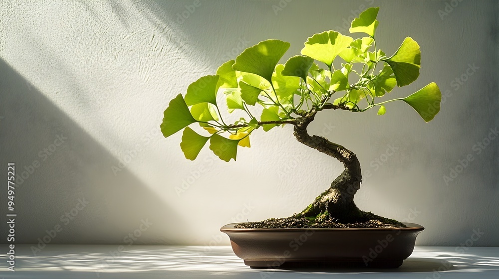 Poster closeup view of a delicate ginkgo bonsai tree featuring its distinctive fan shaped leaves in a seren