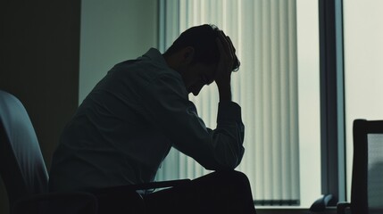 A man sitting in an office, head in hands, silhouetted against large windows, embodying a moment of deep contemplation or stress.
