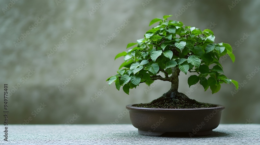 Poster closeup of an elegant and serene elm bonsai tree with striking dark green serrated leaves isolated o