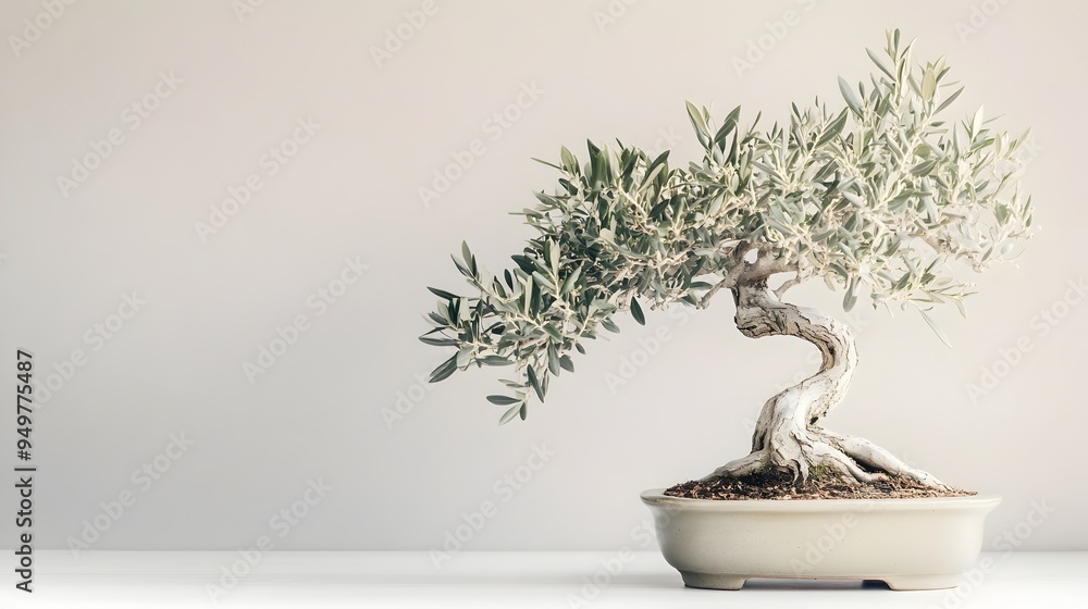 Poster closeup of an elegant and ornamental olive bonsai tree with twisted silver green leaves and branches