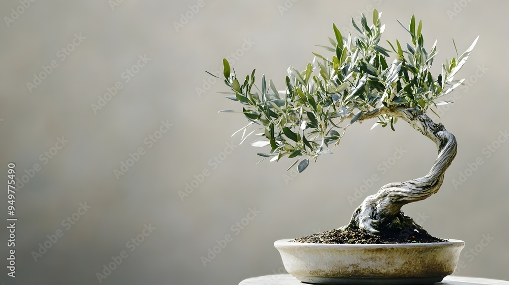 Poster closeup of an olive bonsai tree with silver green leaves and twisted gnarled branches isolated on a 