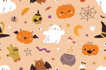 Cute Halloween pattern, seamless October holiday background. Kids texture design, funny repeating print with orange pumpkin, baby ghost, bat and skull. Endless flat vector illustration for wrapping
