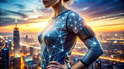 Electric blue veins pulse beneath the skin as glowing circuitry illuminates the radiant sleeve, capturing cityscapes at dusk with soft focus clouds, shimmering effect, and metallic accents.