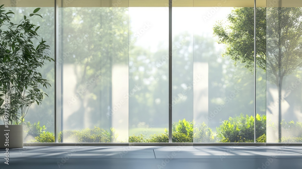 Poster elegant glass window with soft, diffused light creating a veil of transparency and a blurred view of