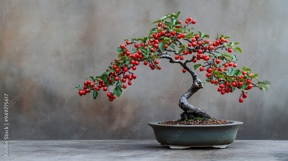 Poster closeup of a stunning hawthorn bonsai tree with vibrant red berries and small green leaves placed ag
