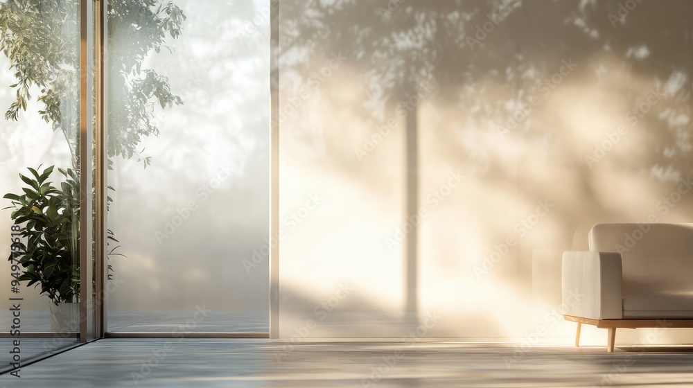 Poster elegant glass window with soft, diffused light creating a veil of transparency and a blurred view of