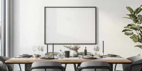 Modern Dining Room Interior Design with Empty Picture Frame Mockup.