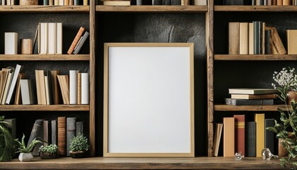 Wooden Bookshelf with Empty Frame.