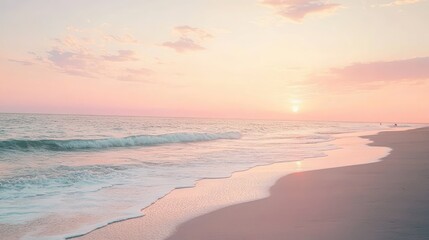 Empty, tranquil beach at sunset with soft, pastel skies and calm waves, creating a peaceful atmosphere of silent reverie.
