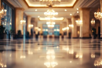 Blurred background of a luxury hotel lobby with chandeliers and a shiny marble floor