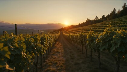 Fototapeta premium Majestic Sunset Over a Serene Vineyard in British Columbia's Wine Region