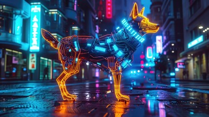 Neon colored cybernetic dog with glowing circuits in a futuristic cityscape at night