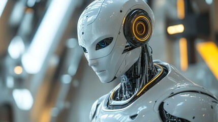 Futuristic robot with illuminated eyes and helmet for dynamic imagery