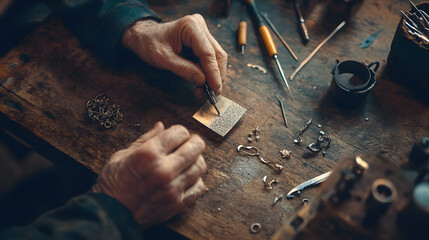 A close-up of a senior man's hands carefully working on a piece of jewelry. He is using a small tool to shape the metal, and his workbench is covered in tools and pieces of jewelry.