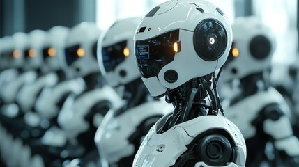 High-tech robot with glowing eyes and helmet for innovative visuals