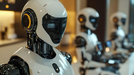 Fototapeta premium Advanced robot with illuminated eyes and helmet for dynamic imagery