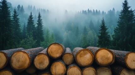 Wooden logs and tree trunks piled in a forest with a misty background.