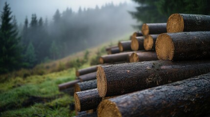 Wooden logs and tree trunks piled in a forest with a misty background.